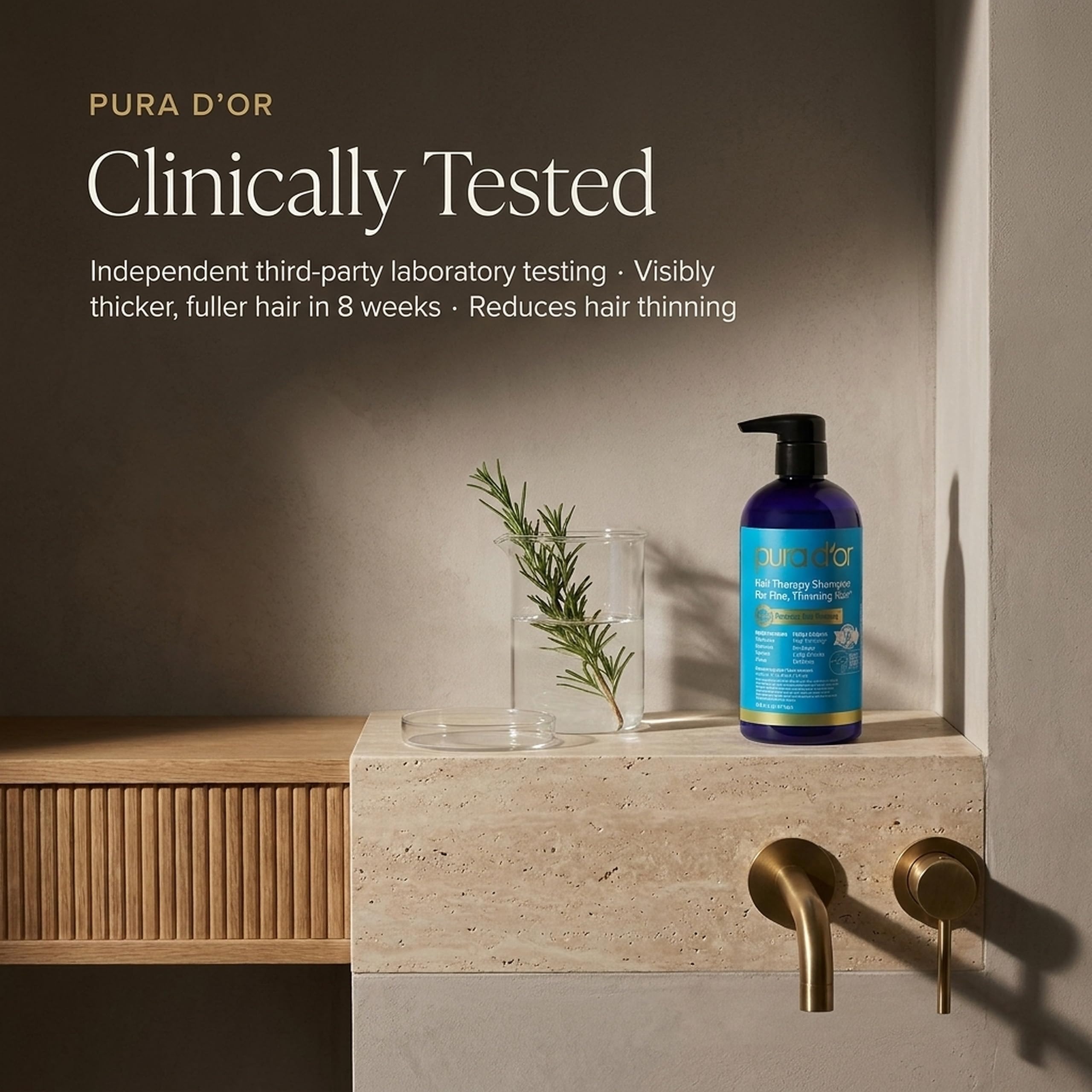 PURA D'OR shampoo being dispensed to illustrate controlled use and product economy