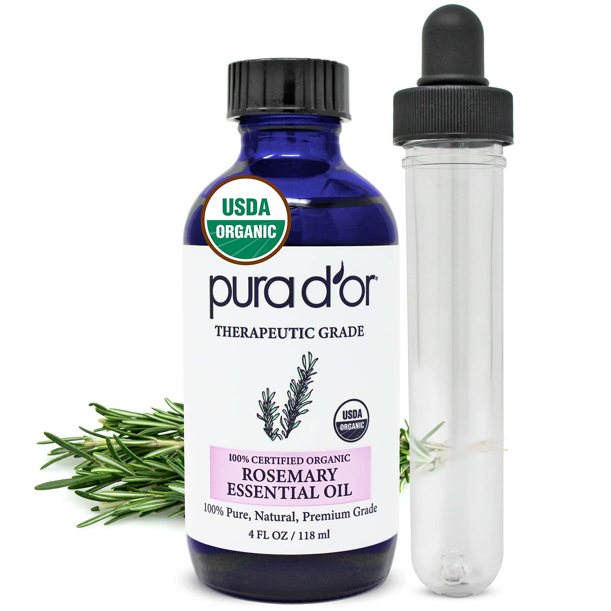 PURA D'OR front packaging showing 4oz bottle and label, clear product identification benefit