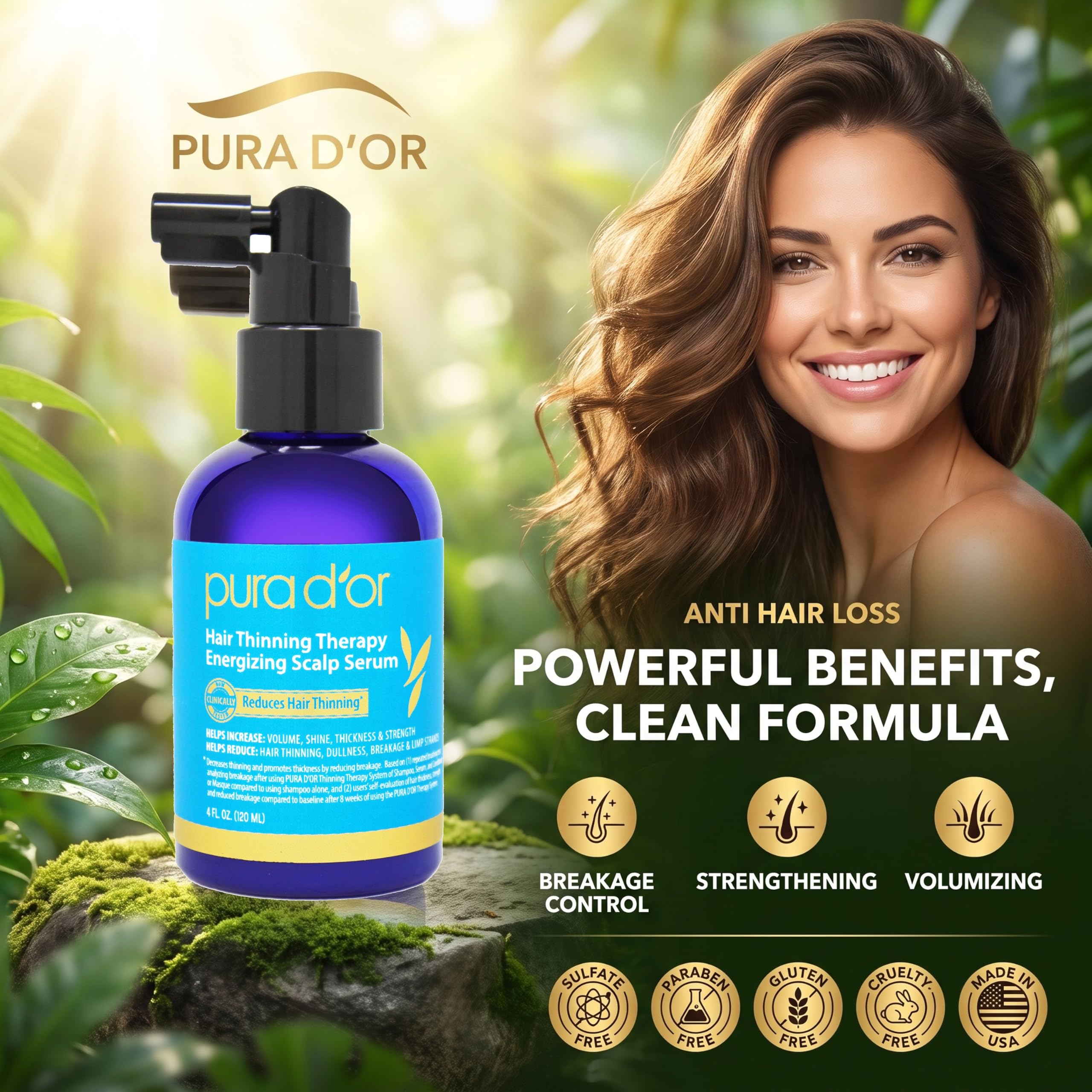 PURA D'OR serum placed by sink as part of daily hair routine