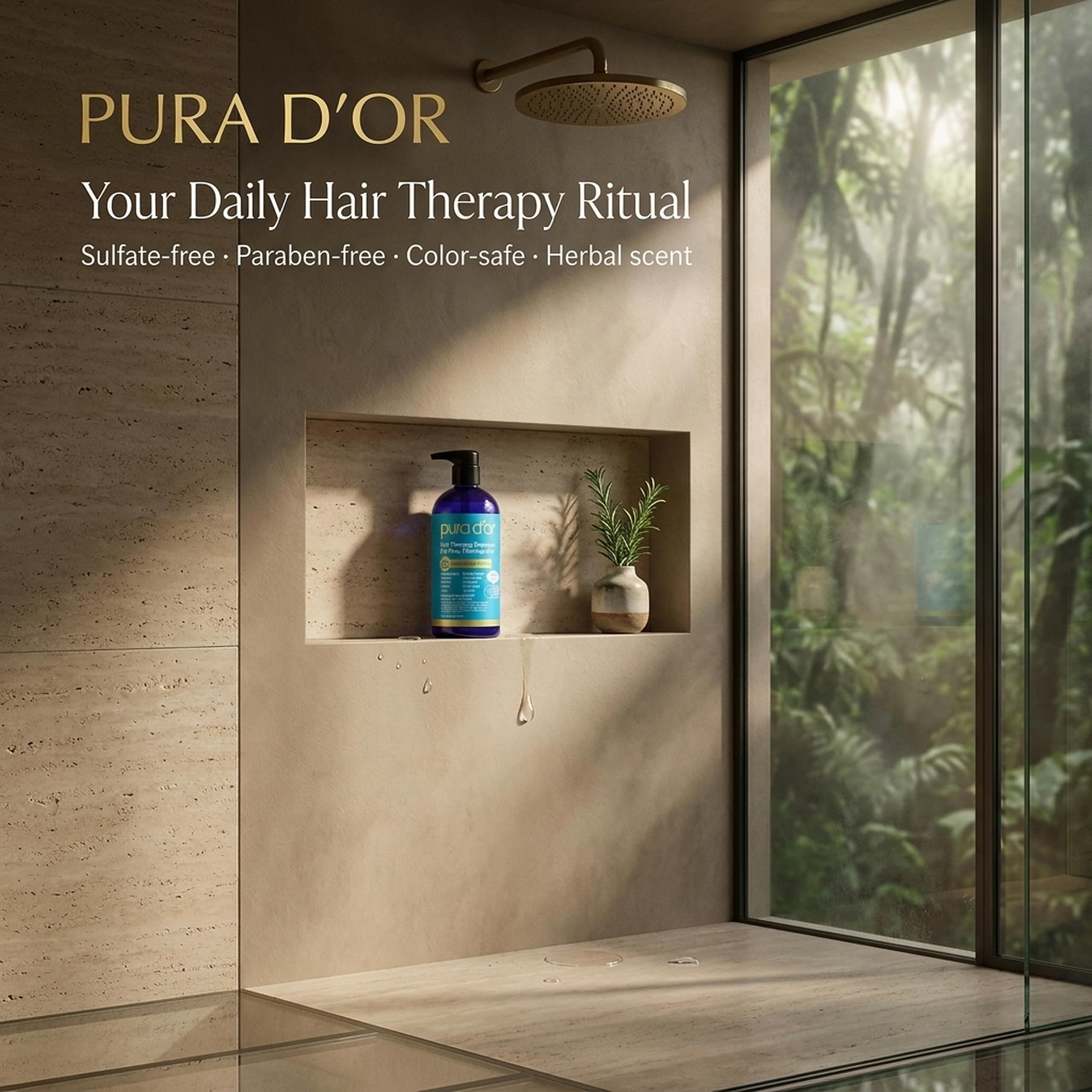 PURA D'OR shampoo applied to hair model showing fuller-looking, manageable strands