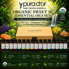 PURA D'OR sixteen 10ml bottles arranged to show selection and easy-access storage benefit