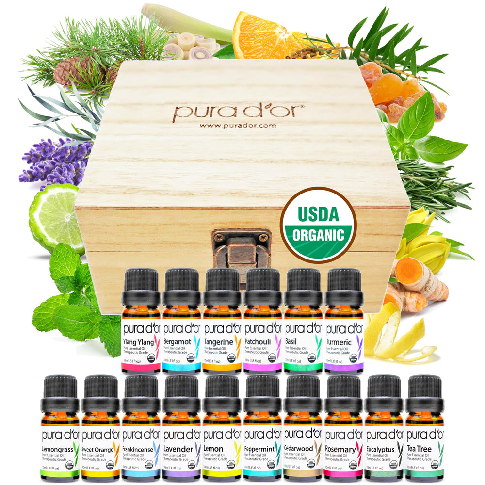 PURA D'OR Sweet16 box front showing 16 essential oil bottles and wooden case benefit variety