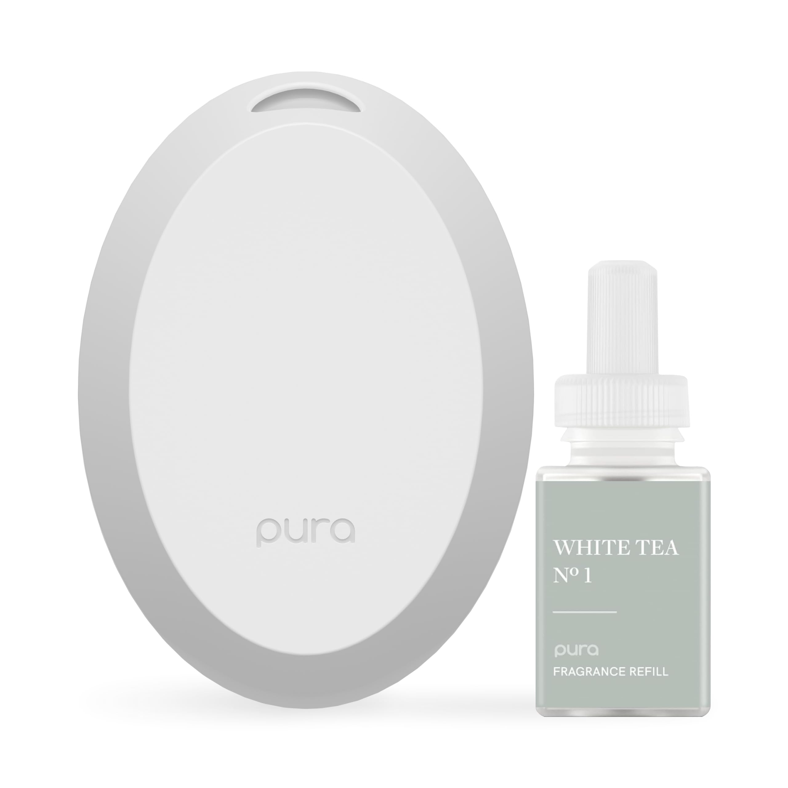 Pura mini front view showing white tea diffuser and sleek compact design benefit: space saving