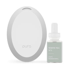 Pura mini front view showing white tea diffuser and sleek compact design benefit: space saving