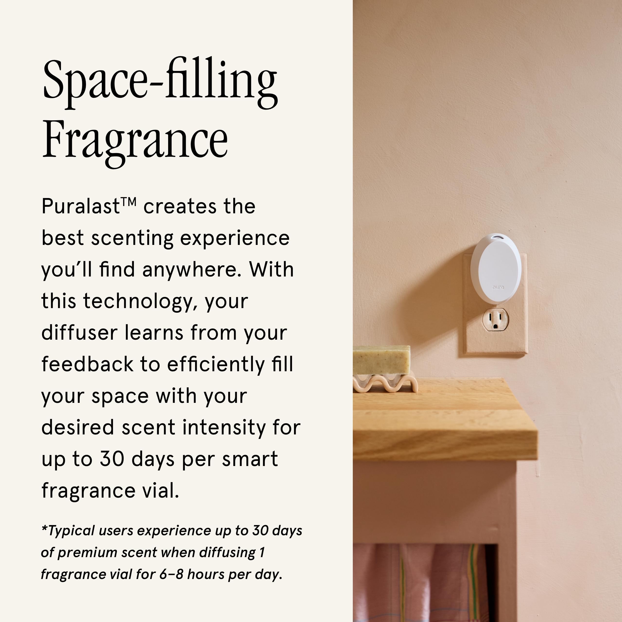 Pura mini with smartphone in hand controlling app, showing smart scheduling convenience