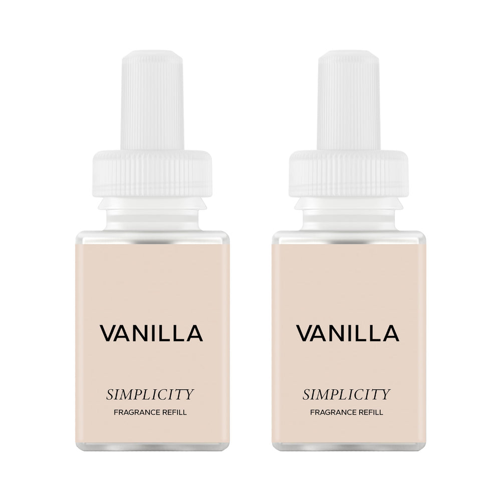 Pura x Simplicity vanilla front packaging showing two smart vials and branding benefit