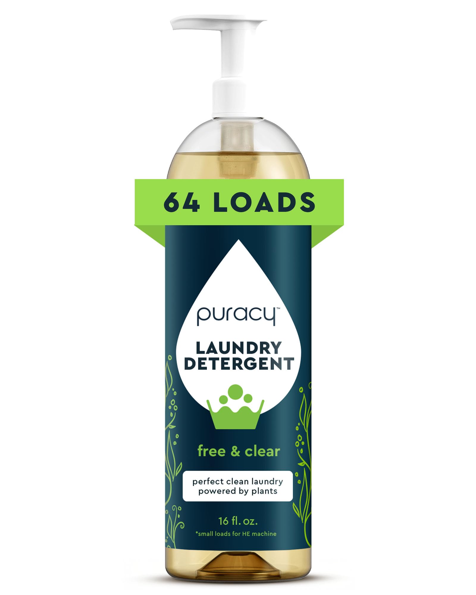 Puracy front packaging showing 16 fl oz concentrate and 64 loads benefit