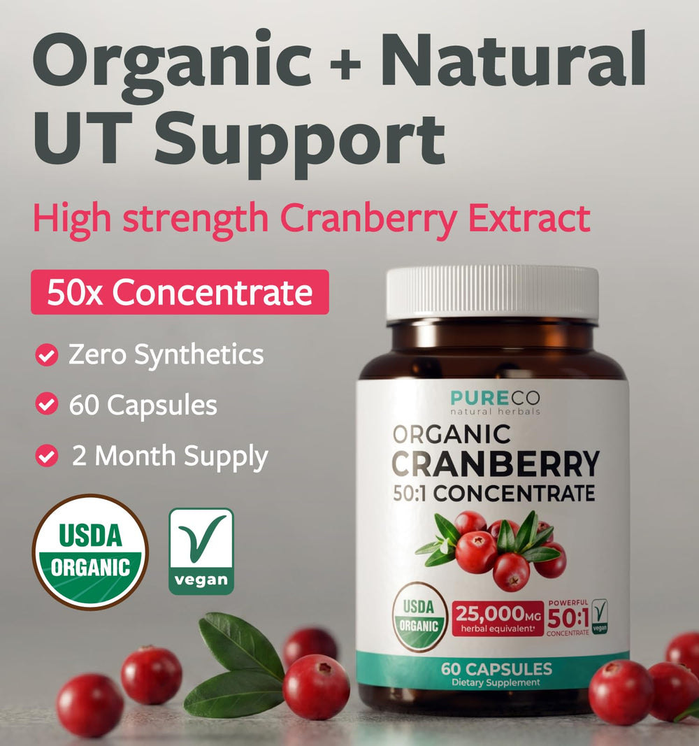 PURE CO close-up of a vegan capsule highlighting concentrated cranberry extract