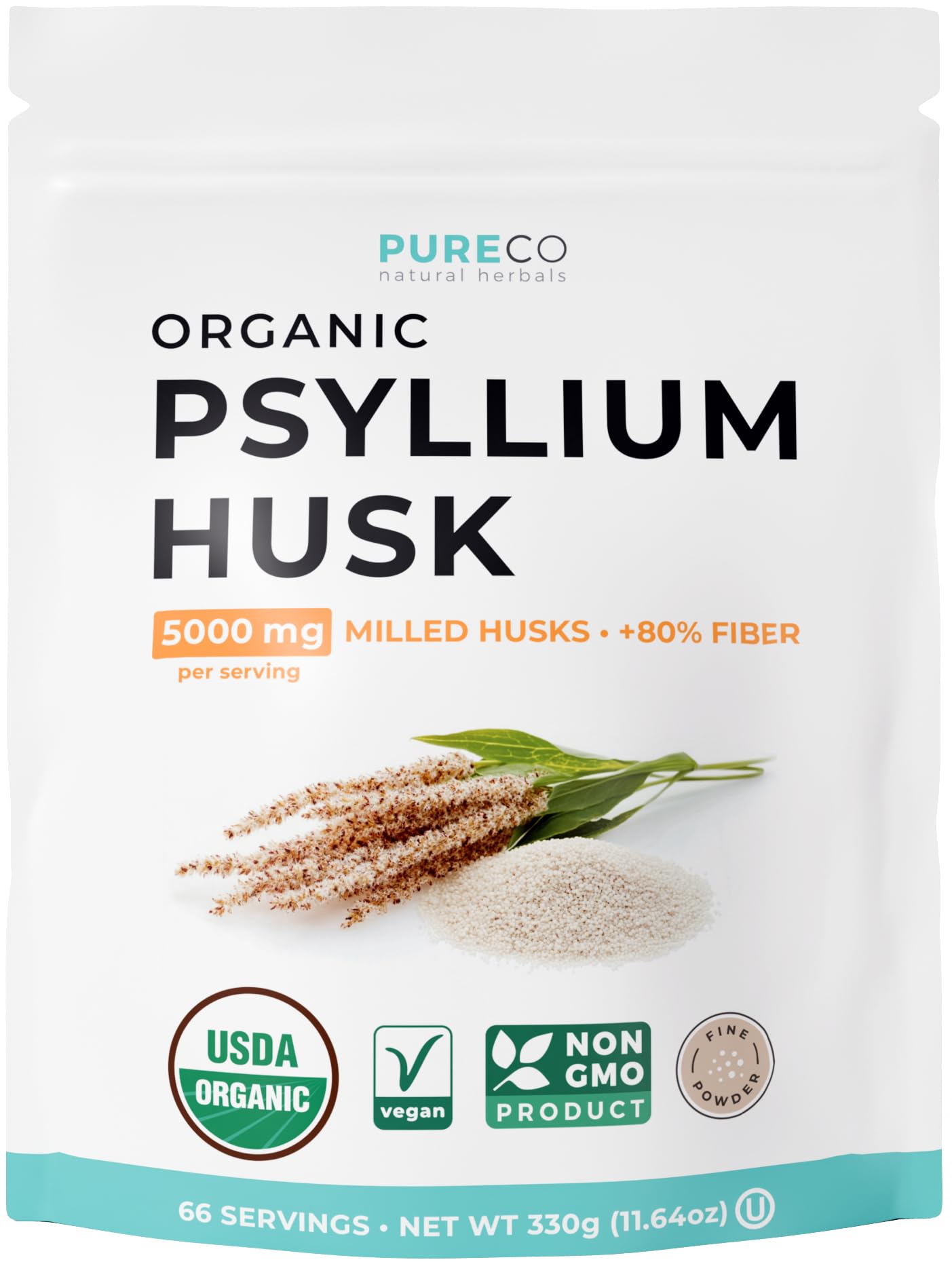 PURE CO front packaging jar showing organic psyllium powder and clear labeling benefit