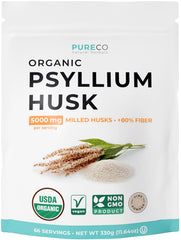 PURE CO front packaging jar showing organic psyllium powder and clear labeling benefit