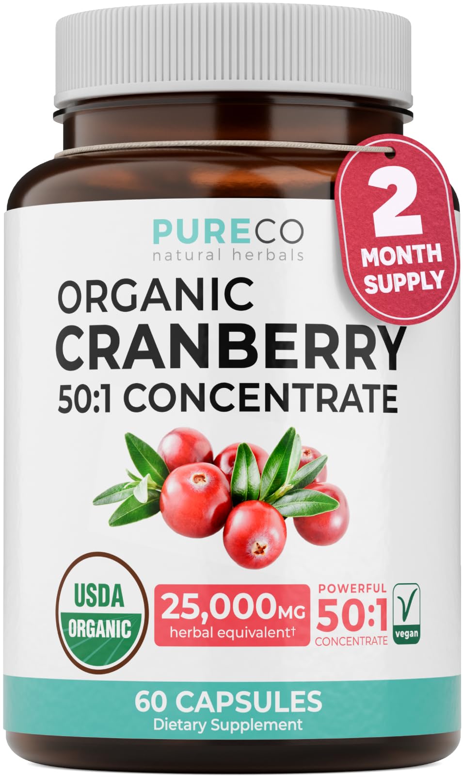 PURE CO front packaging showing organic cranberry bottle and clear benefits