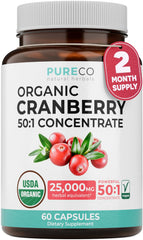 PURE CO front packaging showing organic cranberry bottle and clear benefits