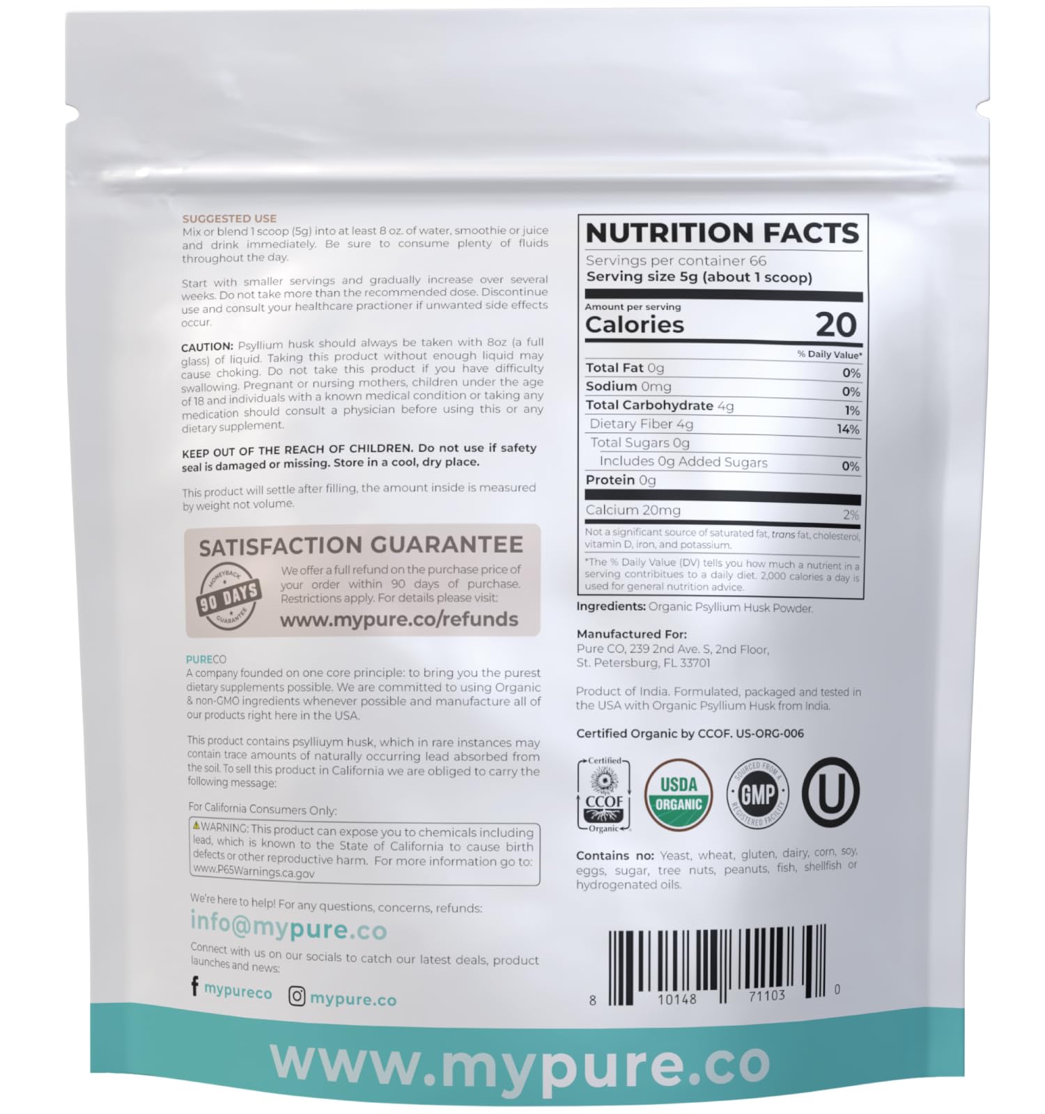 PURE CO product label highlighting organic, non-GMO and cGMP quality assurances