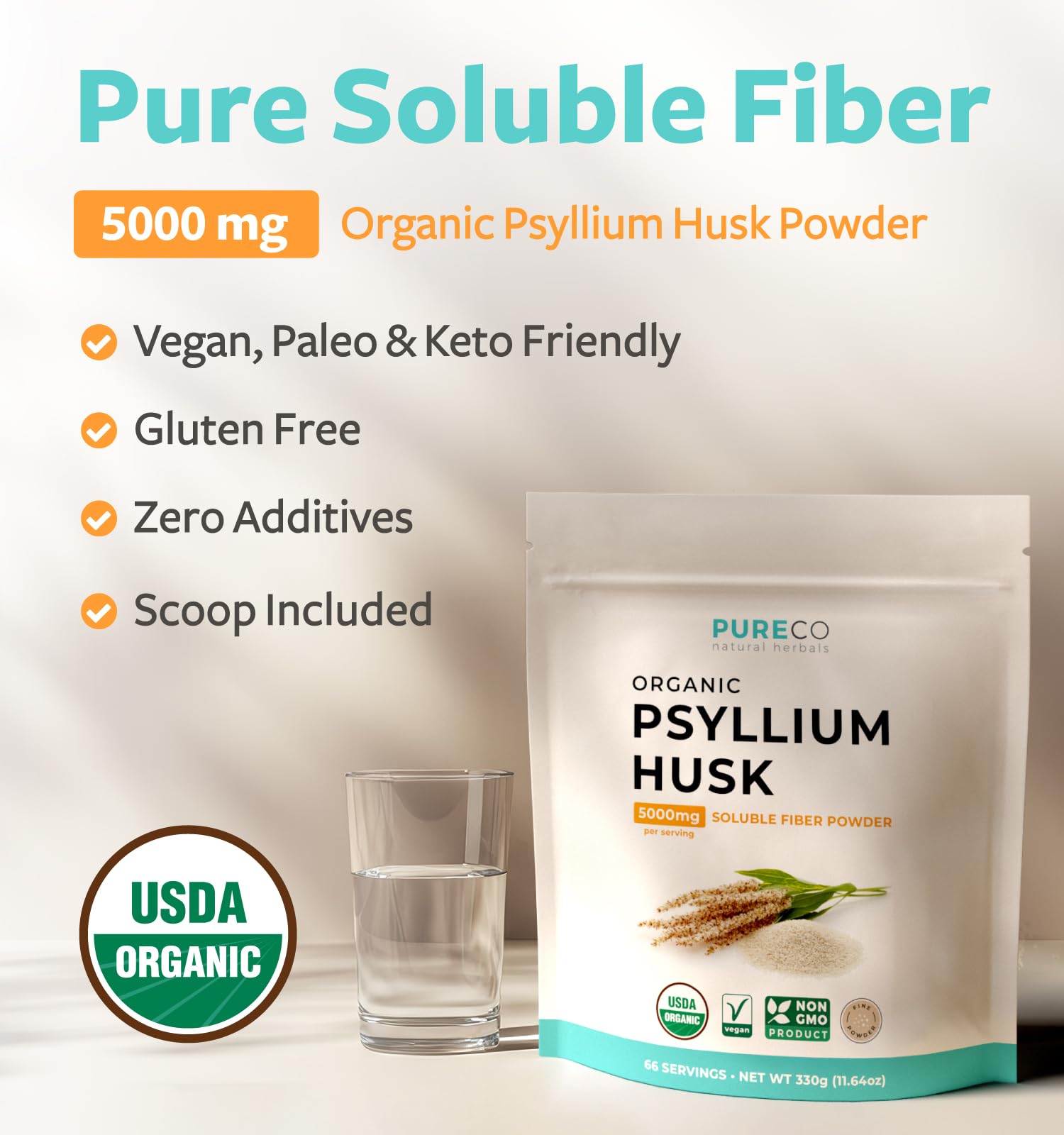 PURE CO close-up of finely ground psyllium powder texture for smooth blending