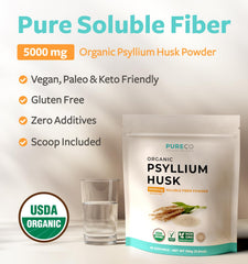PURE CO close-up of finely ground psyllium powder texture for smooth blending