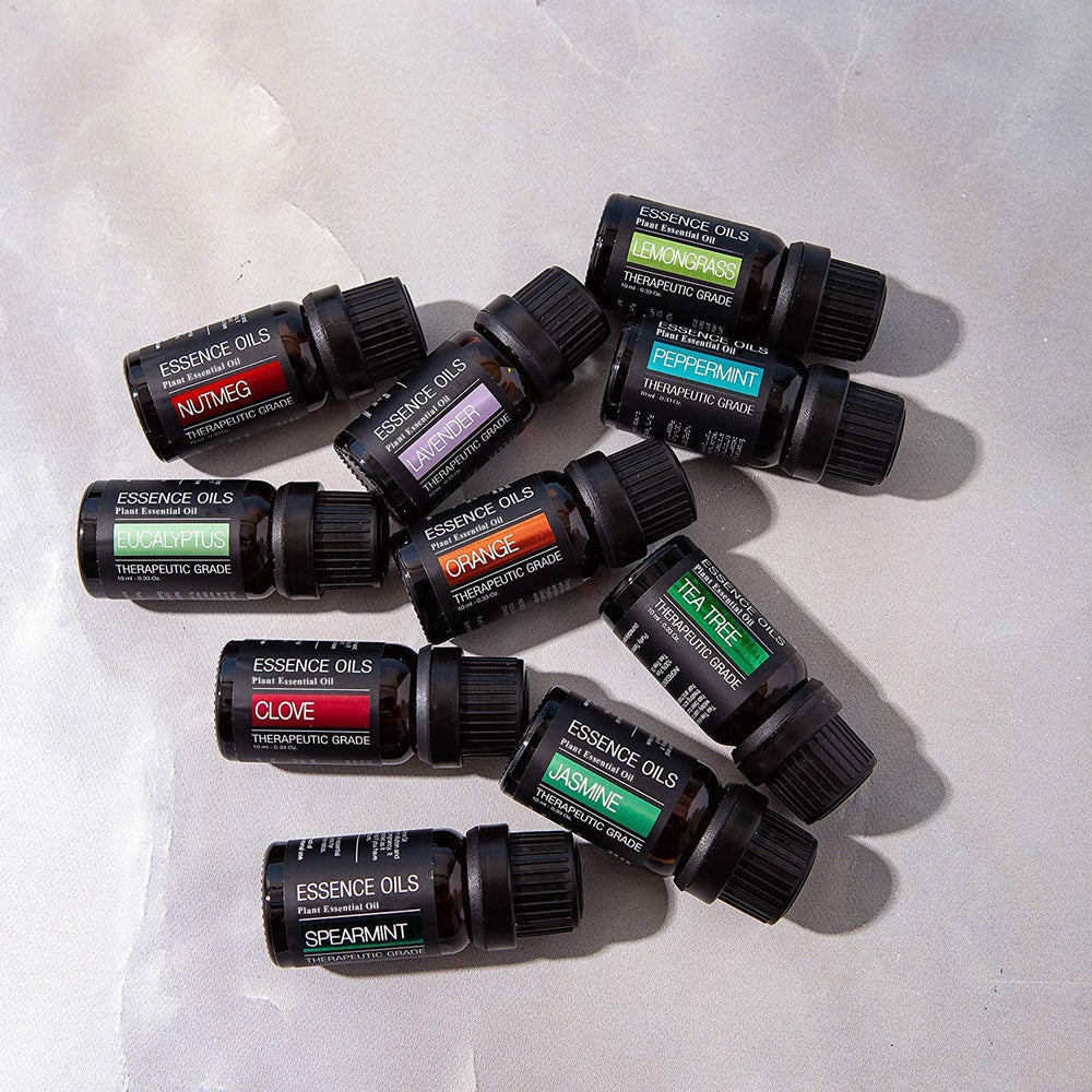 Pure Daily Care ten essential oils lined up showing variety for blending