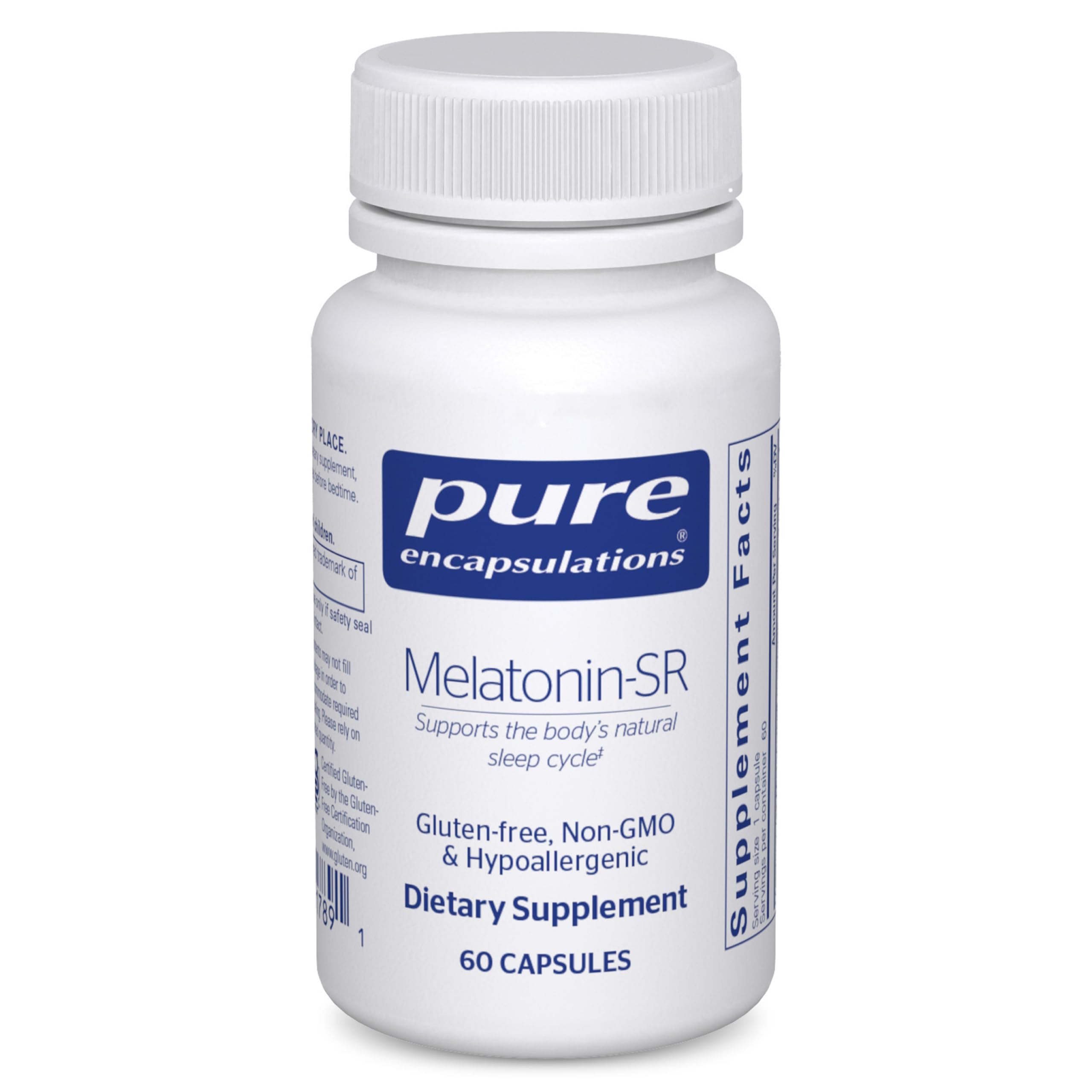 Pure Encapsulations bottle front view showing Melatonin‑SR packaging and benefits
