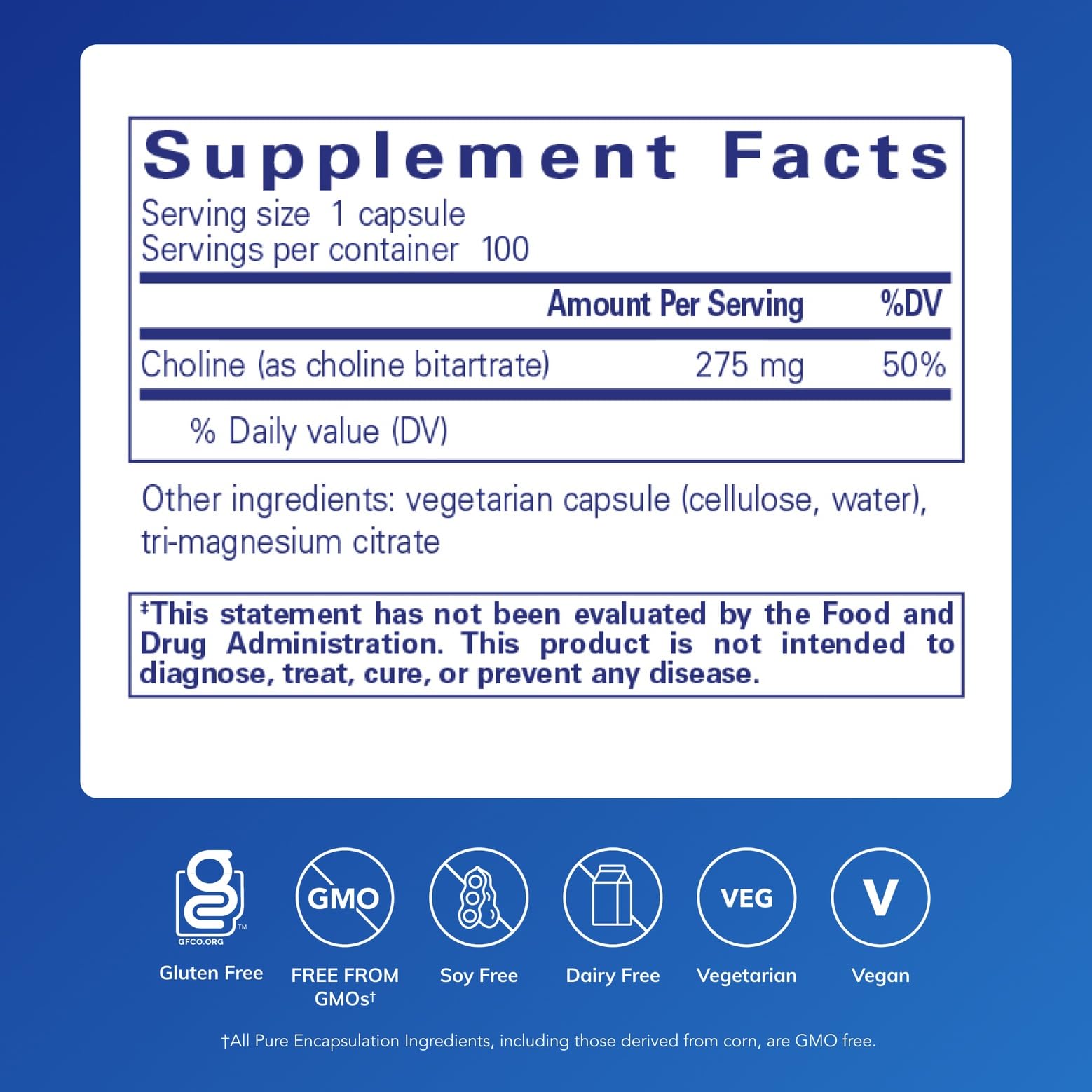 Close-up of one Pure Encapsulations choline capsule highlighting smooth texture and purity