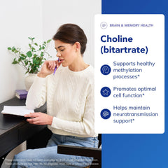 Several Pure Encapsulations choline capsules spread on surface showing easy dosing advantage