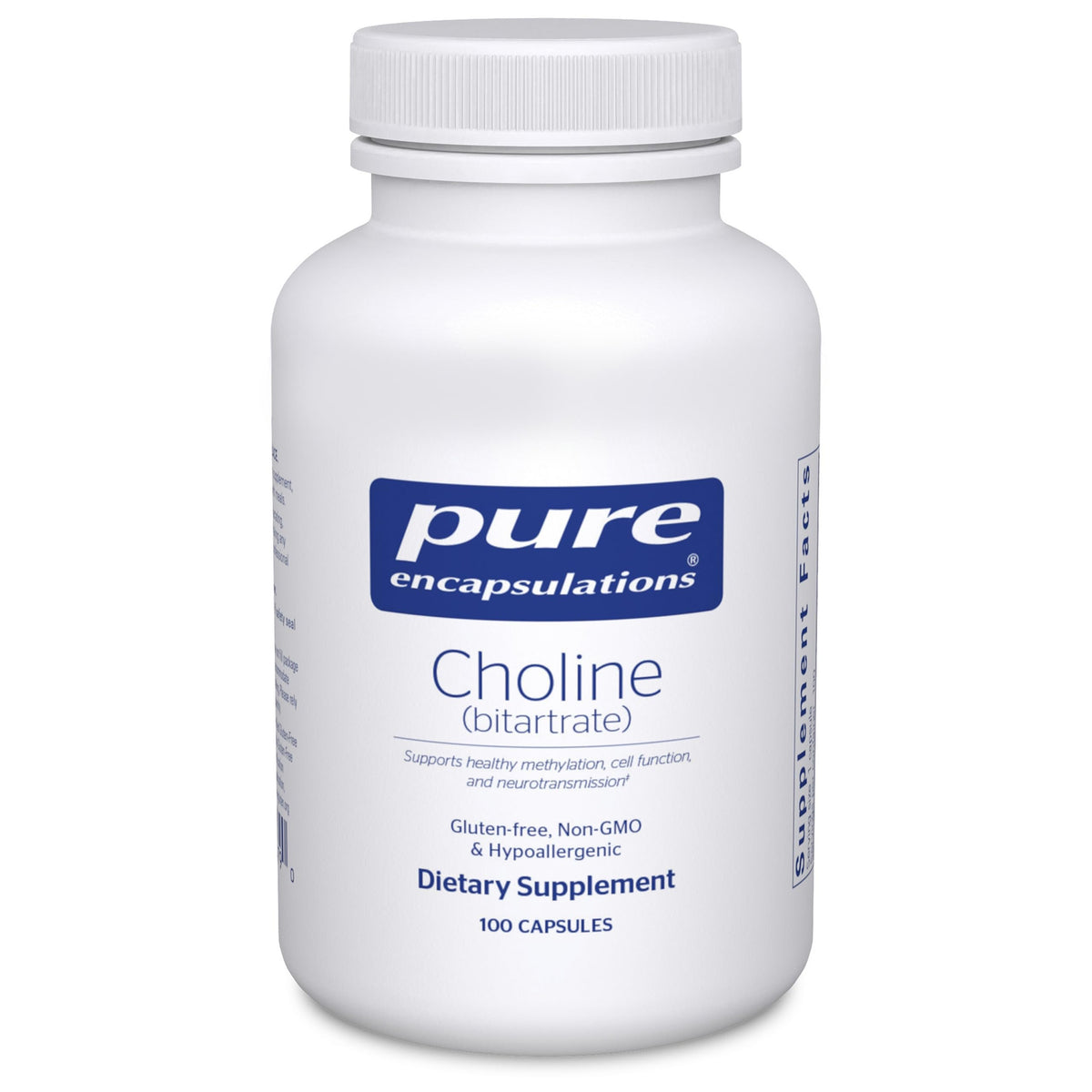 Pure Encapsulations bottle front showing choline supplement and clean packaging benefits