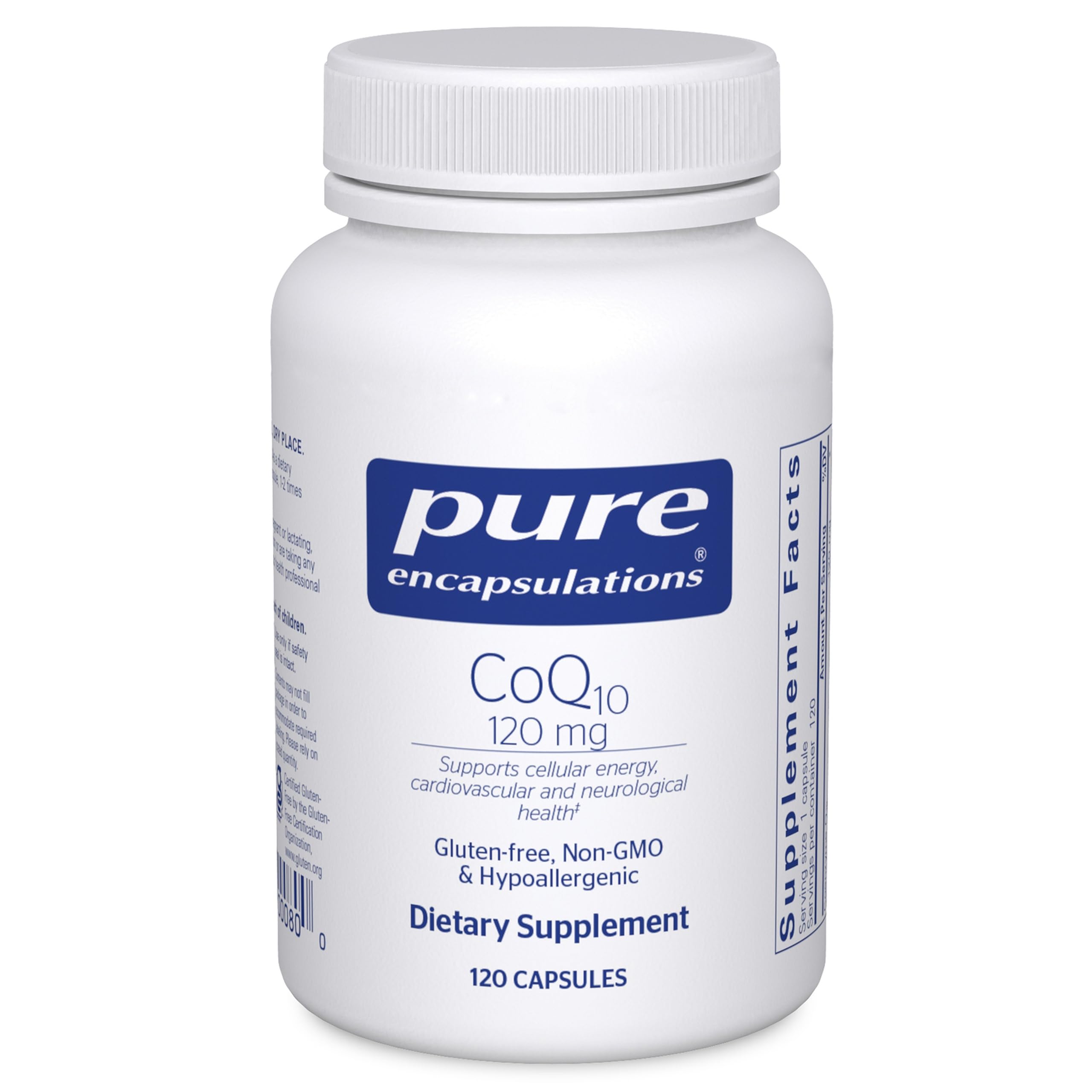 Pure Encapsulations bottle front view showing CoQ10 120 mg and clean labeling benefit