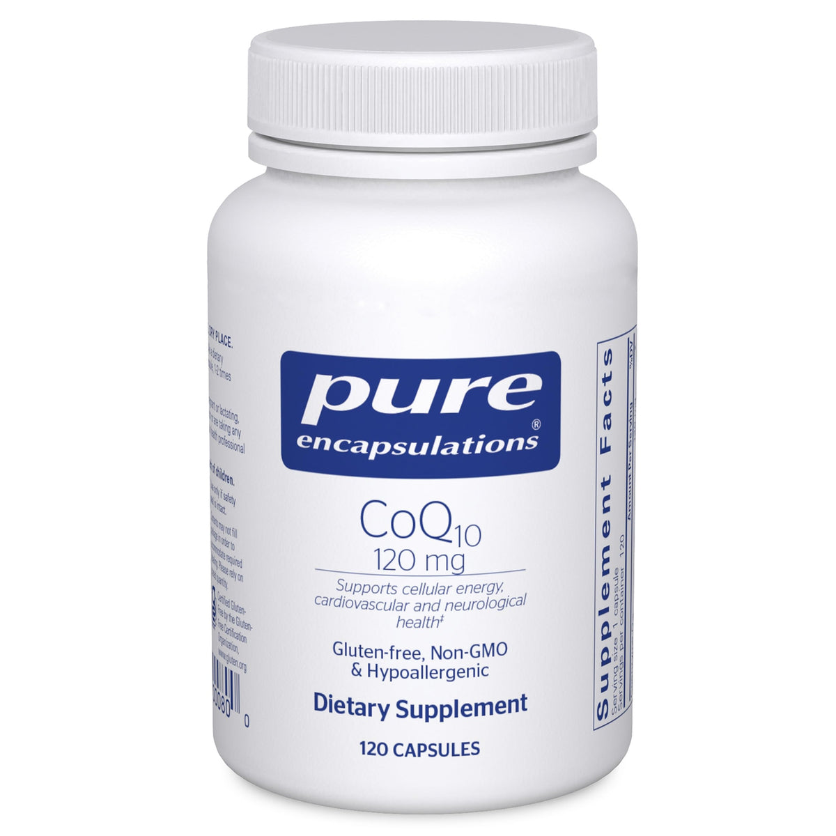 Pure Encapsulations bottle front view showing CoQ10 120 mg and clean labeling benefit