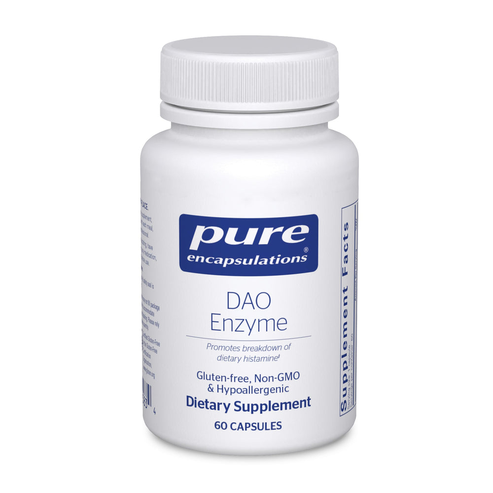 Pure Encapsulations DAO front packaging showing bottle and clear label, promoting purity