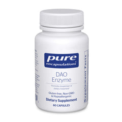 Pure Encapsulations DAO front packaging showing bottle and clear label, promoting purity