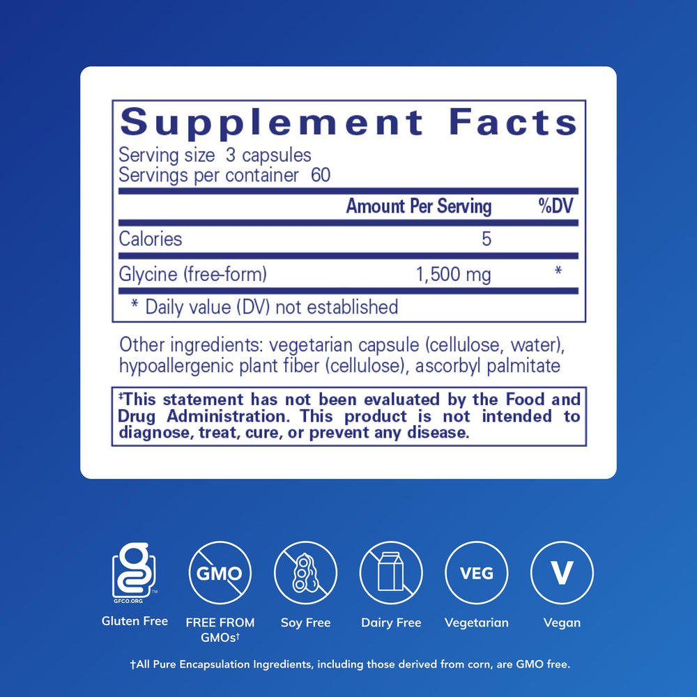 Pure Encapsulations Glycine label close-up highlighting vegan and non-GMO attributes