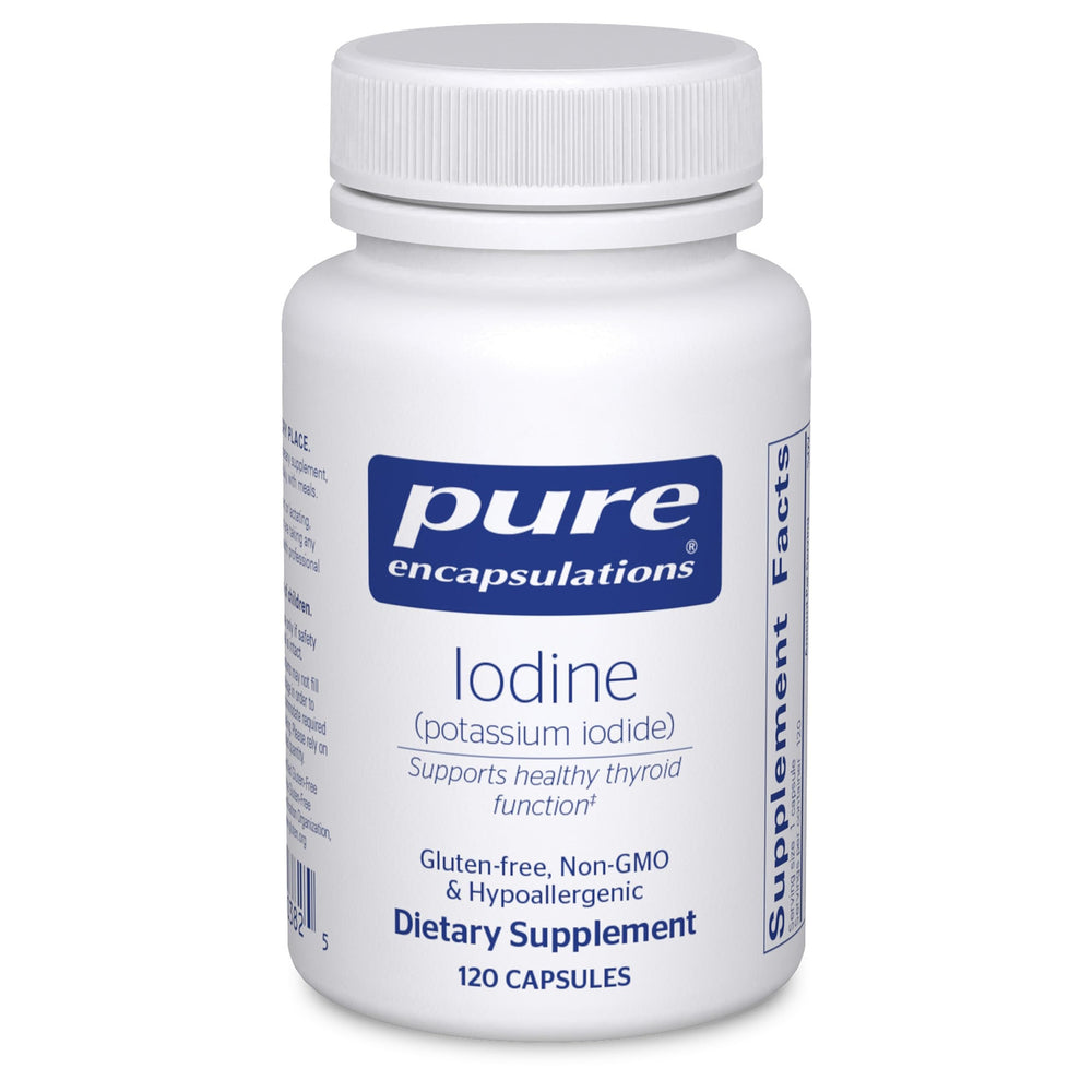Pure Encapsulations bottle front view showing clean iodine supplement labeling and benefits