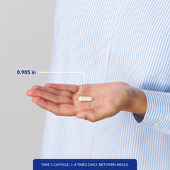 Pure Encapsulations capsules in hand to show actual size and portion clarity