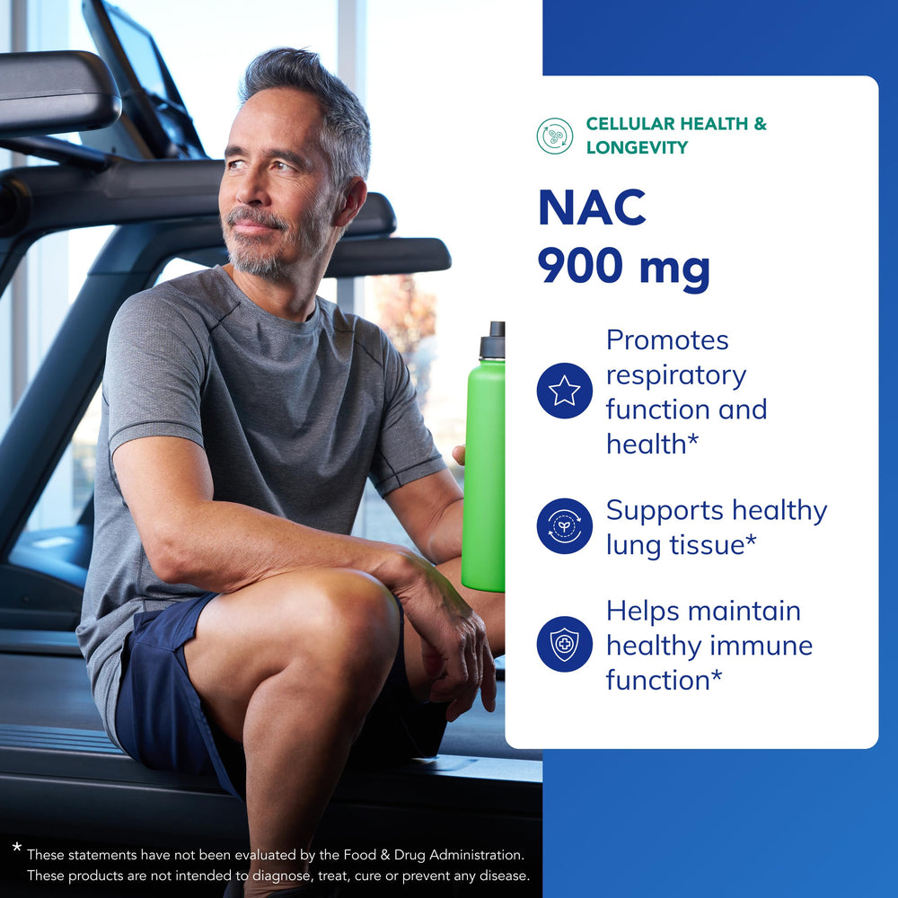 Spread of Pure Encapsulations NAC capsules on surface highlighting capsule count and dosing convenience