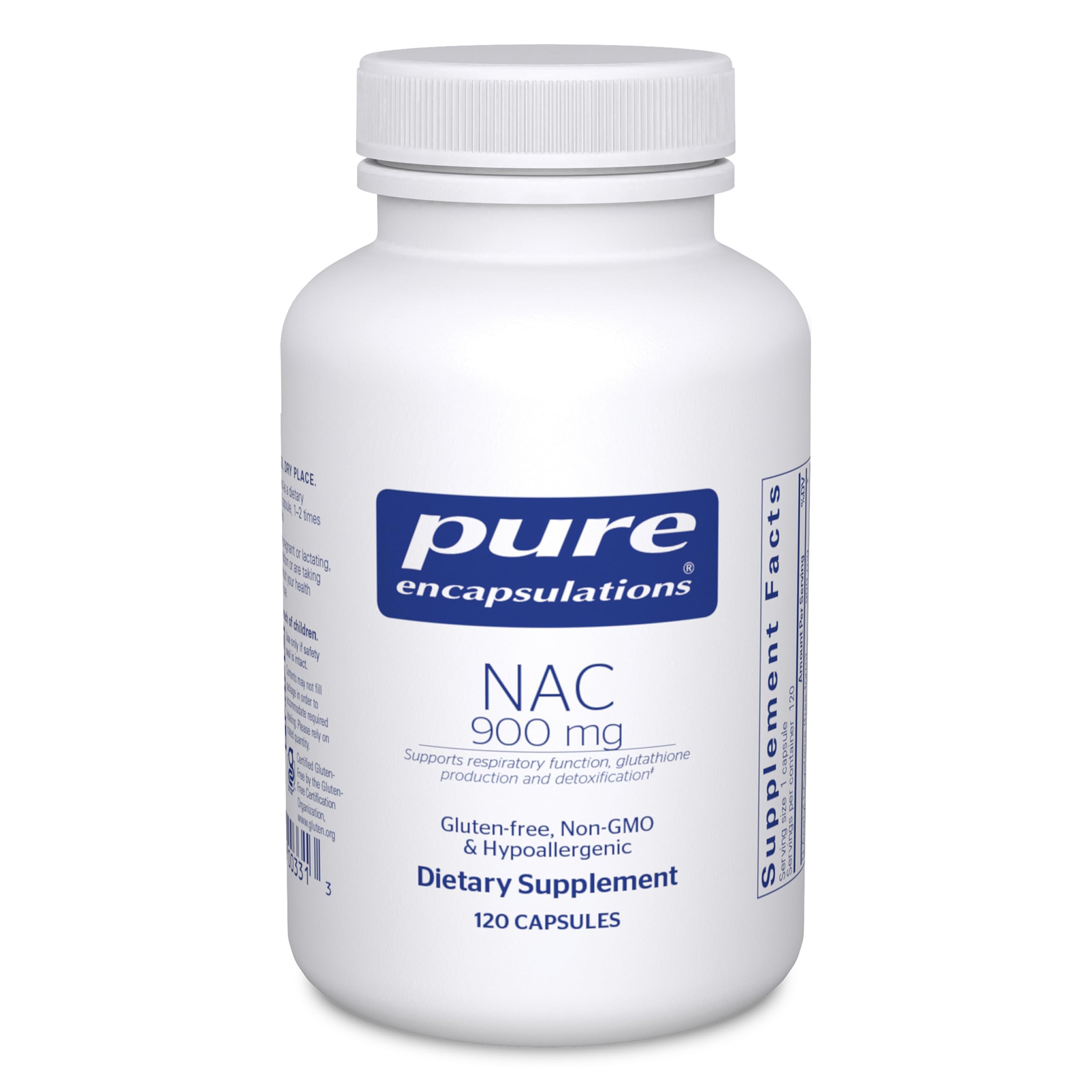 Pure Encapsulations bottle front packaging showing NAC 900 mg label and clean design benefit clarity