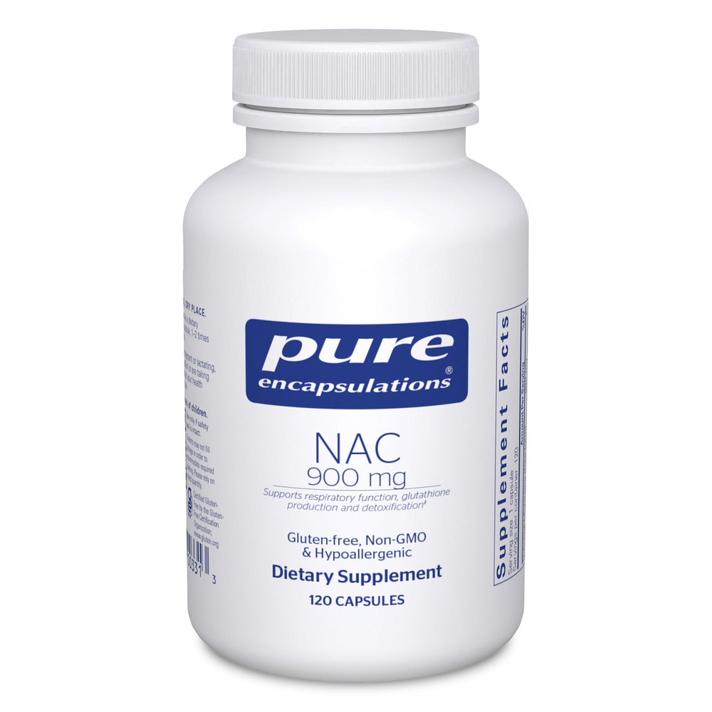 Pure Encapsulations bottle front packaging showing NAC 900 mg label and clean design benefit clarity