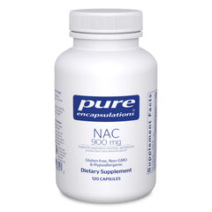 Pure Encapsulations bottle front packaging showing NAC 900 mg label and clean design benefit clarity