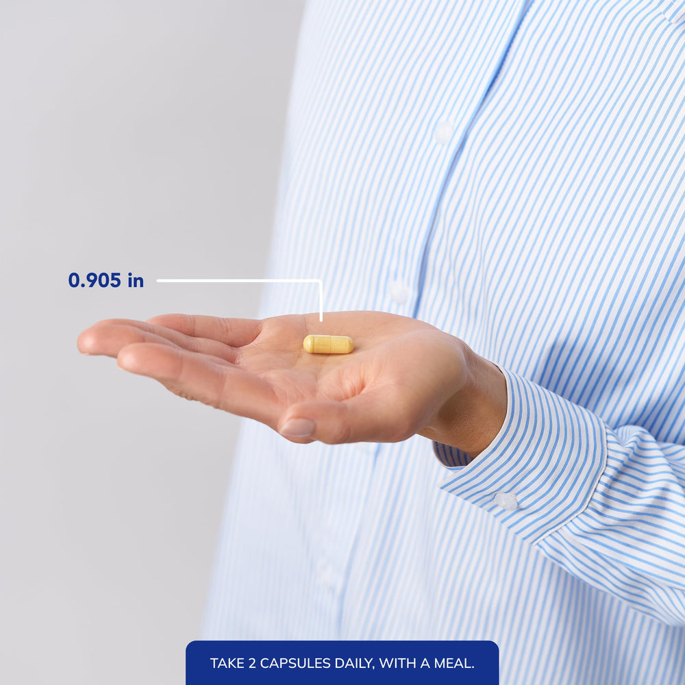 Pure Encapsulations bottle beside a ruler to show capsule scale and serving clarity