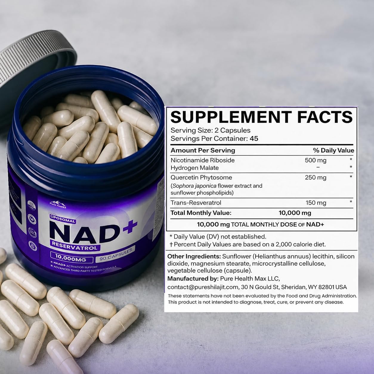 PURE HEALTH MAX supplement facts label closeup highlighting clean ingredients