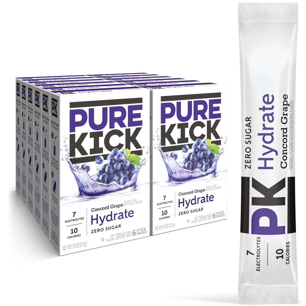 PURE KICK front box showing Concord Grape 72-pack and convenience