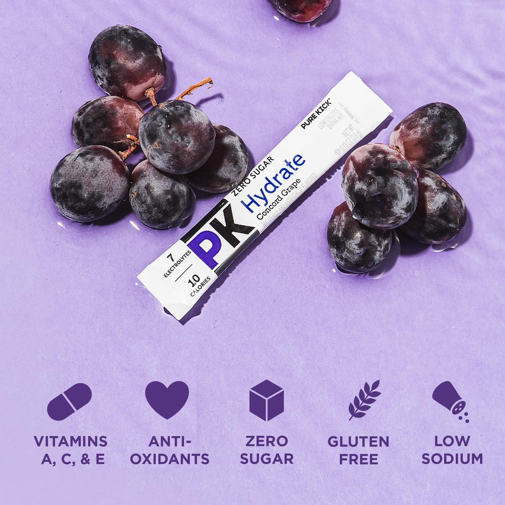 PURE KICK mixed in water bottle showing vibrant grape color and hydration
