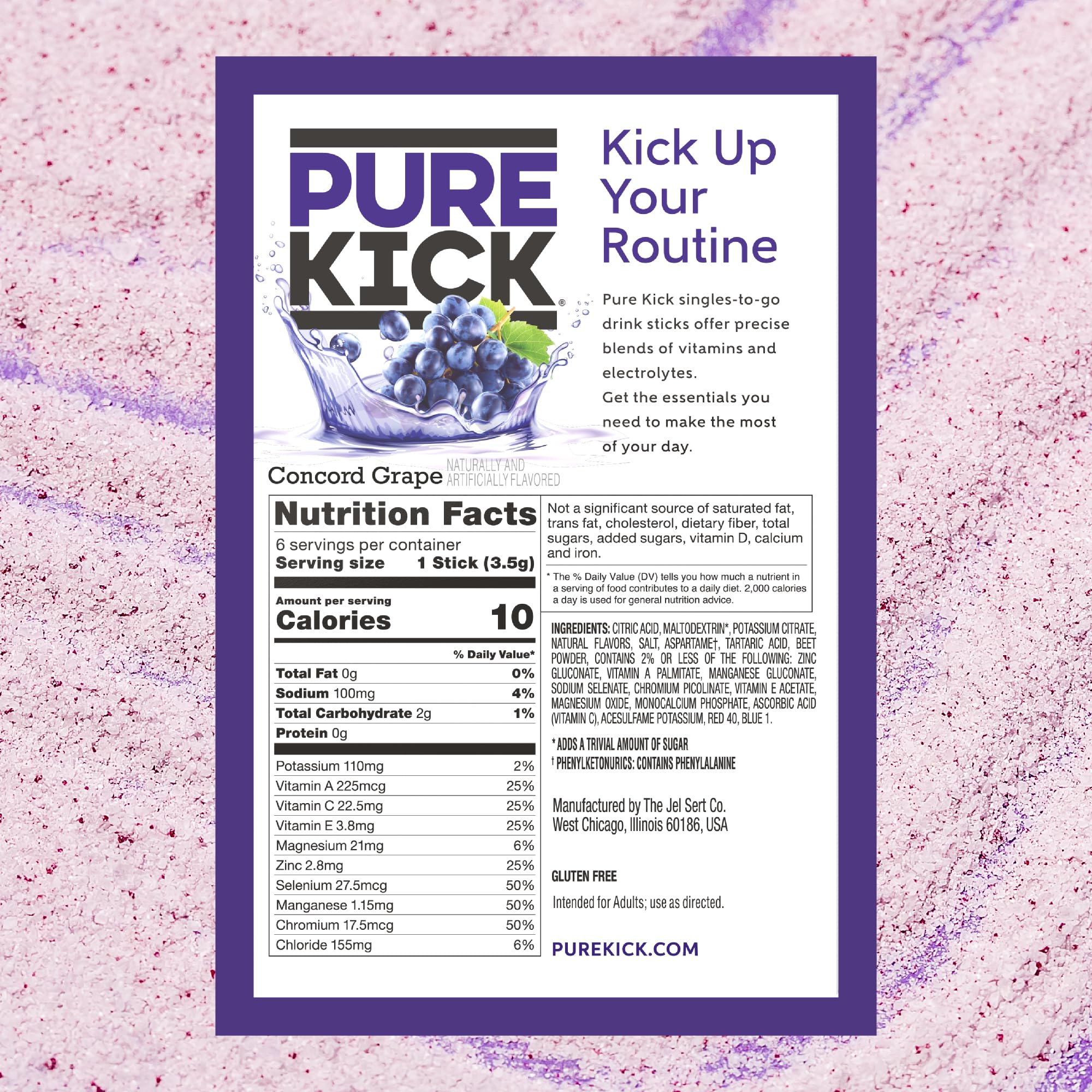 PURE KICK single packet close-up highlighting portable energy and flavor