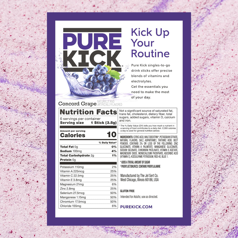 PURE KICK single packet close-up highlighting portable energy and flavor