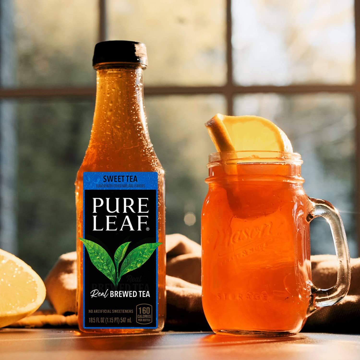 Pure Leaf bottles stacked in a fridge showcasing ready-to-drink storage