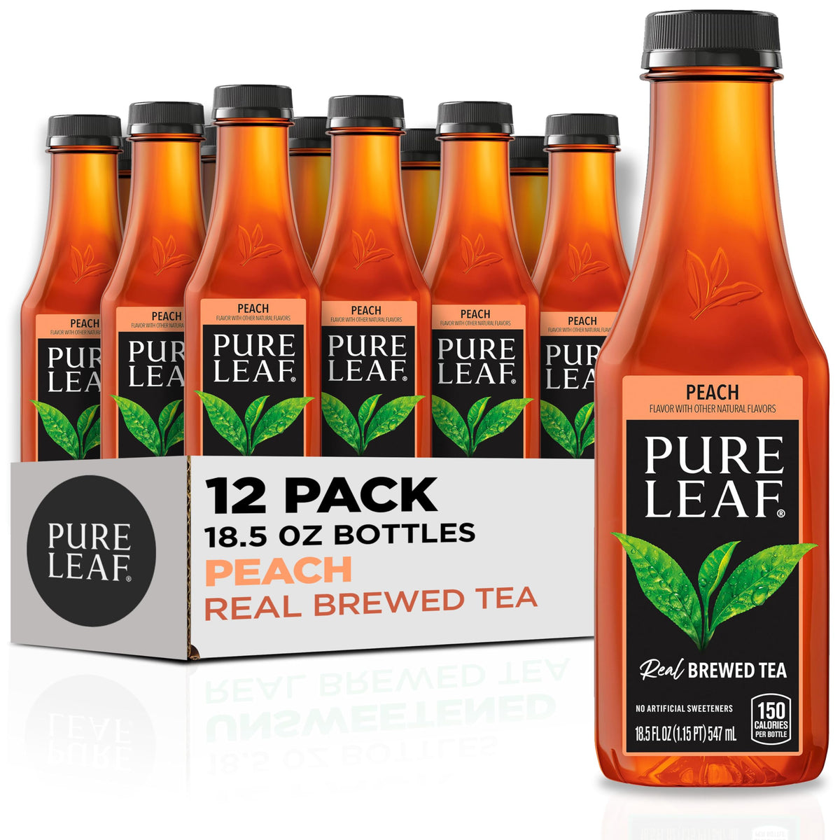 Pure Leaf front packaging showing 12-pack bottles and clear peach tea benefit