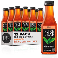 Pure Leaf front packaging showing 12-pack bottles and clear peach tea benefit