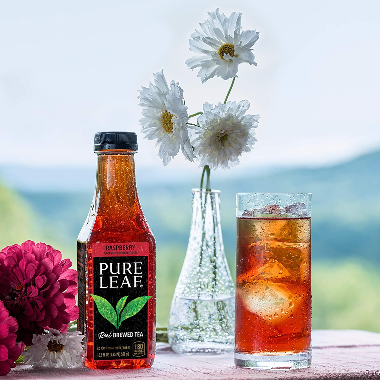 Pure Leaf bottle next to a hand for size comparison and portability
