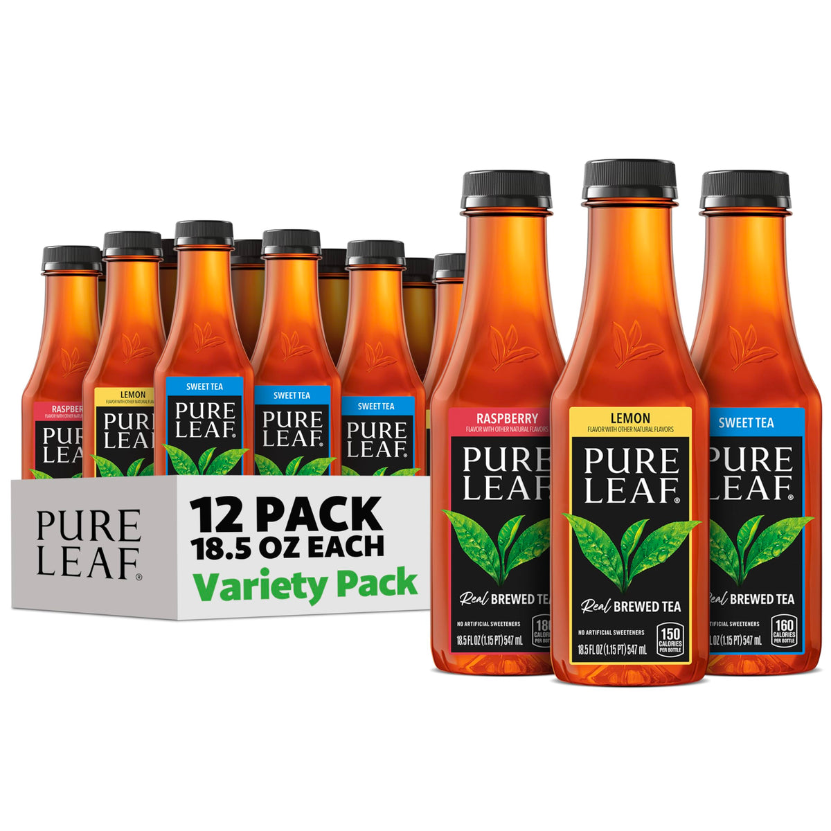 Pure Leaf front packaging showing the 12-bottle variety pack and convenience