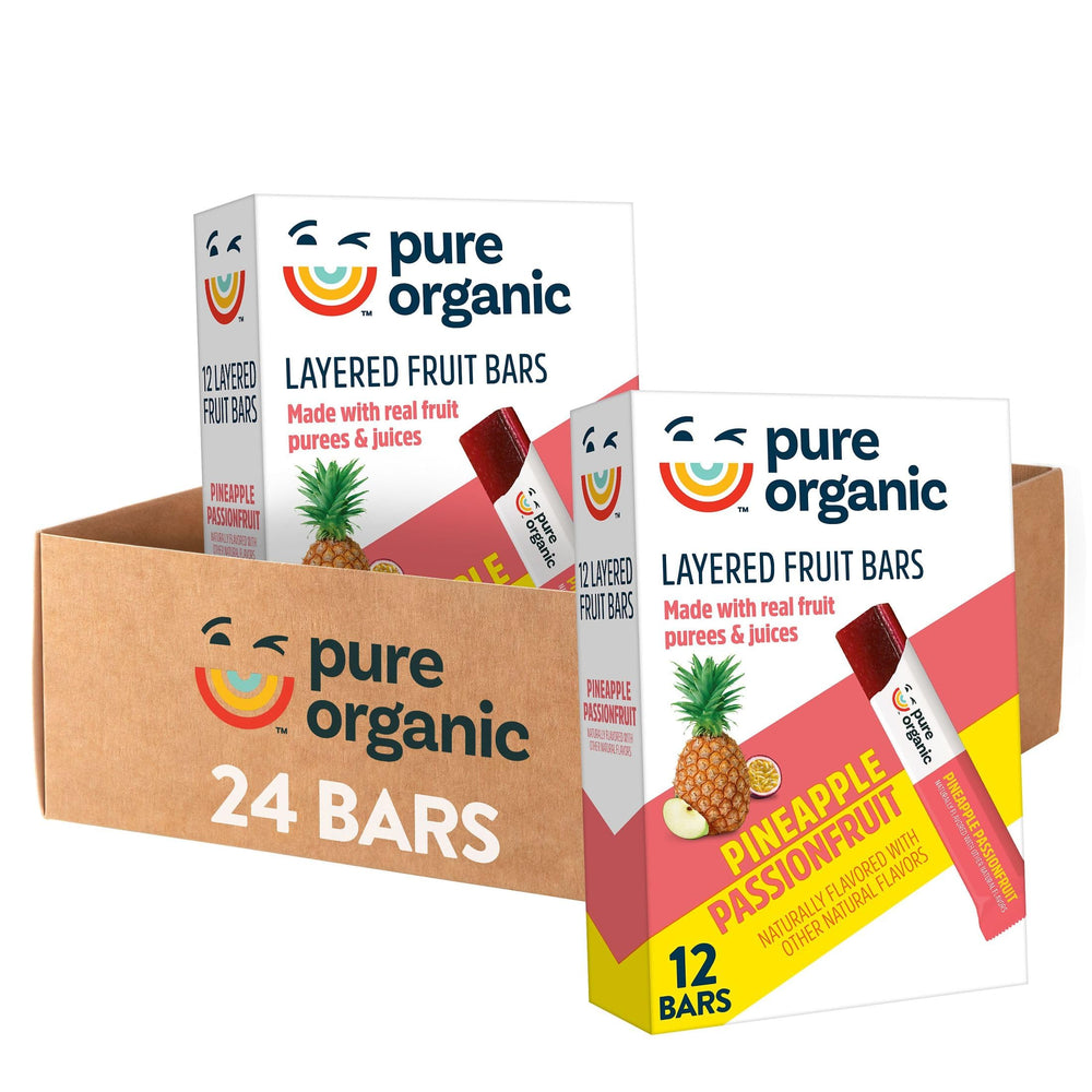 Pure Organic front packaging showing pineapple passionfruit bars and benefits