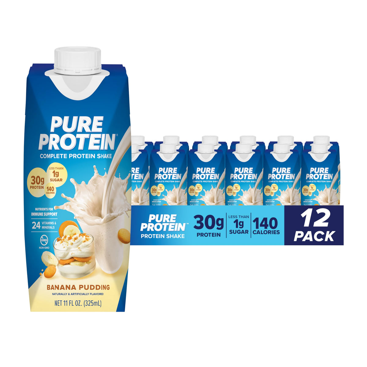 Pure Protein front packaging showing banana pudding flavor and convenience