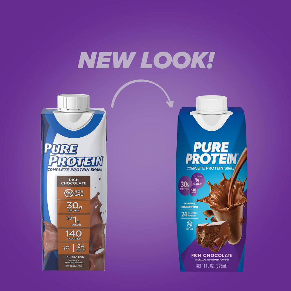 Pure Protein label closeup with nutrition facts highlighting 30g protein