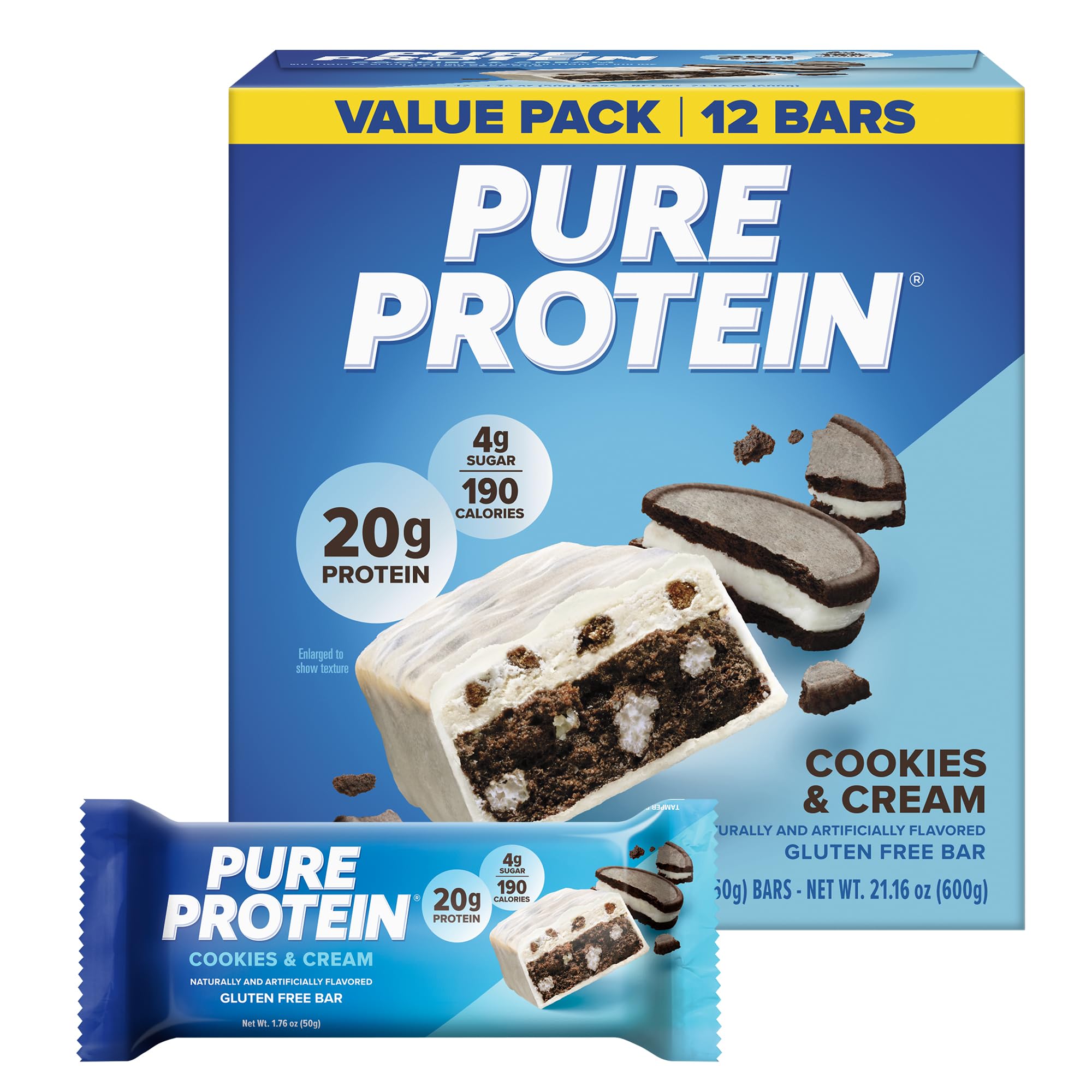 Pure Protein front packaging showing cookies and cream bar benefits